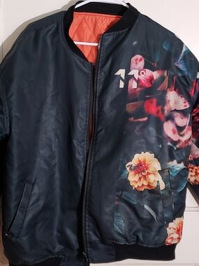 Floral Print Bomber Jacket - Black with Orange Lining By FreshHoodz